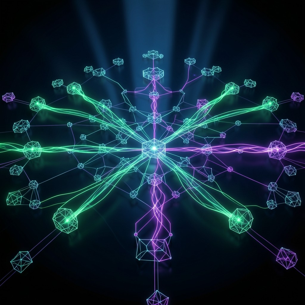 Decentralized network architecture topology with glowing nodes